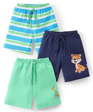 Babyhug Cotton Shorts Striped & Animals Graphic Pack of 3 - Blue & Green