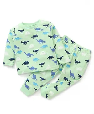 Babyhug Cotton Knit Full Sleeves Dino Printed Night Suit/Co-ord Set - Green