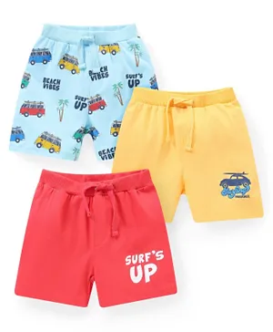 Babyhug Cotton Knit Shorts with Camper Van & Text Print Pack of 3 - Blue/Red/Yellow