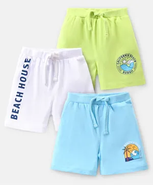 Babyhug Cotton Knit Shorts with Beach Theme Print Pack of 3 - Blue/Green/White