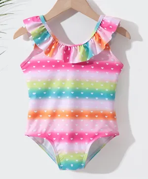 SAPS Ruffled All Over Hearts Printed & Striped Quick Dry V Cut Swimsuit - Multi Color