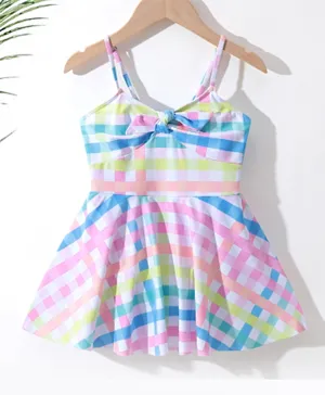 SAPS Checked Bow Detail Singlet Sleeves Frock Swimsuit - Multicolor