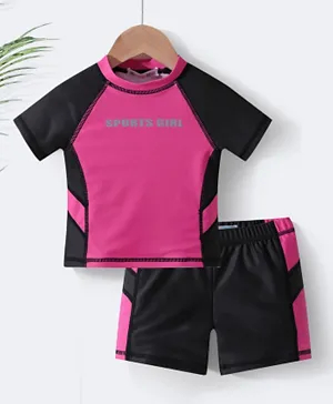 SAPS Sports Text Printed Two Piece Swimsuit - Pink & Black