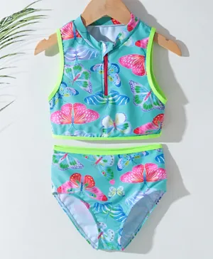 SAPS All Over Butterflies Printed Quick Dry Two Piece Swimsuit - Green