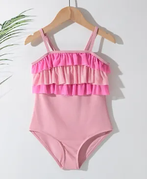 SAPS Ruffled Solid Quick Dry V Cut Swimsuit - Pink