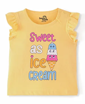 Doodle Poodle 100% Cotton Frilled Sleeves Ice-Cream & Text Printed T-Shirt - Yellow