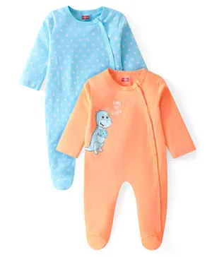 Babyhug Interlock Cotton Knit Full Sleeves Sleep Suits Dino & Stars Print Pack of 2 - Peach & Blue