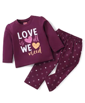 Babyhug Cotton Knit Full Sleeves Hearts & Text Printed Night Suit - Purple