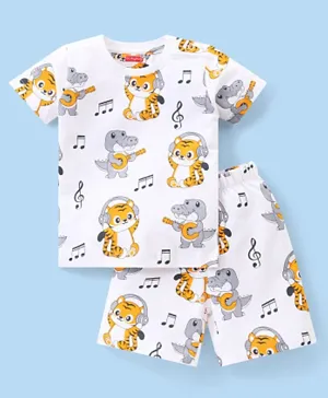 Babyhug Single Jersey Knit Half Sleeves Night Suit/Co-ord Set Tiger & Crocodile Print - White