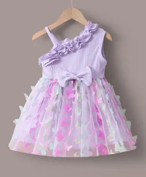 SAPS Butterfly Applique Asymmetrical Neck Party Dress - Purple