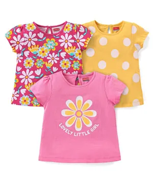 Babyhug Cotton Knit Short Sleeves Top Floral Graphics Pack Of 3 - Pink & Yellow