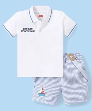 Babyhug Single Jersey Knit Half Sleeves Embroidered Polo T-Shirt & Striped  Shorts Set with Suspender & Boat Patch - White & Blue