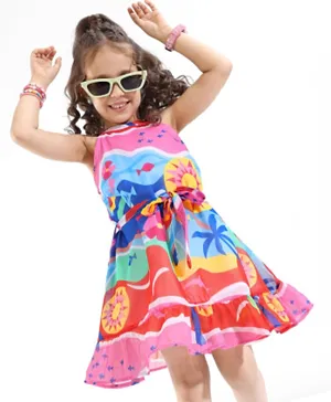 Ollington St. Georgette Sleeveless Beach Theme Printed Flared Frock - Multicolor