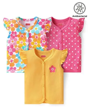 Babyhug 100% Cotton Antibacterial Frill Sleeves Front Open Vests Floral & Polka Dots Print Pack of 3 - Multicolor