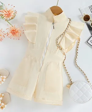 SAPS Solid High Neck Ruffled Sleeves Jumpsuit -  Beige