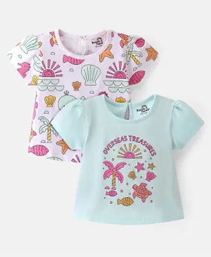 Doodle Poodle 100% Cotton Short Sleeves Shell Printed Tops Pack of 2 - Sea Blue & Bright White
