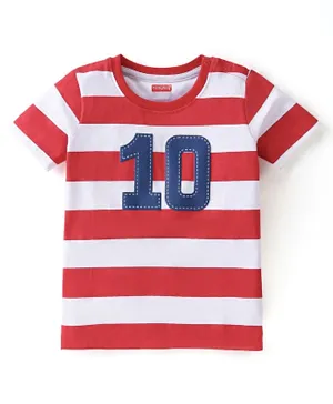Babyhug Cotton Knit Half Sleeves Striped T-Shirt with Puff Number Print - Red & White