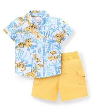 Babyhug Single Jersey Half Sleeves Shirt & Shorts Cheetah Print - Blue & Yellow