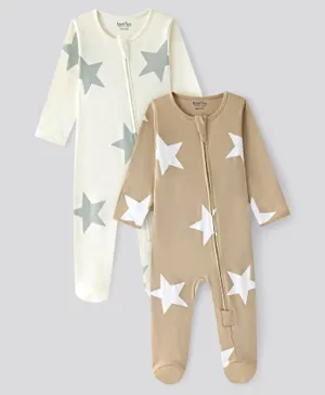 Bonfino 100% Cotton Knit Full Sleeve Sleep Suits With Star Print Pack of 2 - White & Brown
