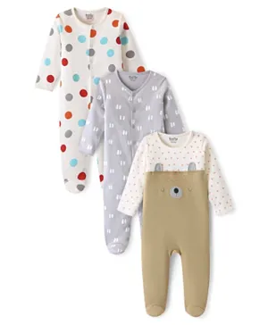 Bonfino 100% Cotton Knit Full Sleeves Sleep Suits Polka Dot & Teddy Print Pack of 3 - Grey/Off White/Brown