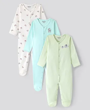 Bonfino 100% Cotton Full Sleeves Sleep Suits With Animals & Rainbow Print Pack Of 3 - Green/Blue/White