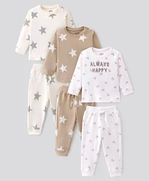 Bonfino 100% Cotton Knit Full Sleeves Night Suit/Co-ord Set Star Print Pack of 3 - White & Brown