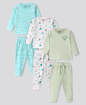 Bonfino 100% Cotton Knit Full Sleeves Night Suit/Co-ord Set Elephant Print Pack of 3 - Green White & Mint Blue