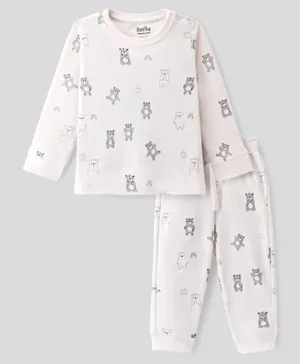 Bonfino 100% Cotton Knit Full Sleeves Night Suit/Co-ord Set With Bear Print - White