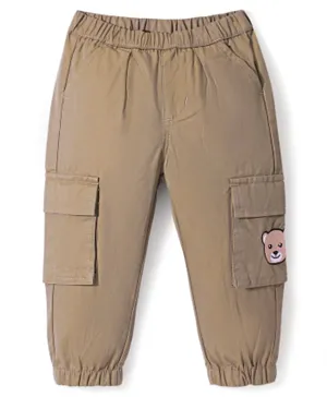 Bonfino 100% Cotton Woven Full Length Joggers With Bear Embroidery On Cargo Pockets - Beige