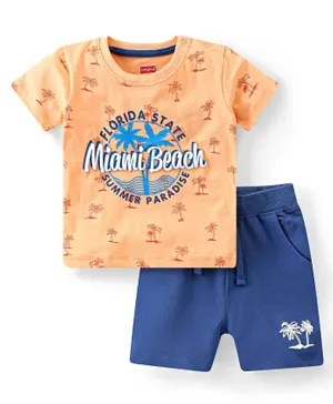 Babyhug Single Jersey Knit Half Sleeves T-Shirt & Shorts Set Beach Theme Print - Orange & Blue