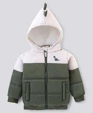 Bonfino Full Sleeve Hooded Puffer Jacket with Dino Print - Green & White