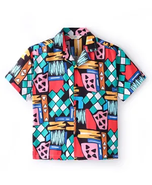 Primo Gino 100% Viscose Woven Half Sleeves Abstract Geometric Print Drop Shoulder Resort Collar Shirt -Multicolor