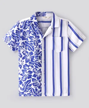Primo Gino 100% Viscose Woven Half Sleeves Striped & Floral Printed Drop Shoulder Resort Collar Shirt - Blue