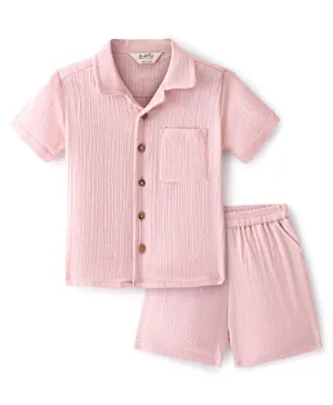 Bonfino 100% Cotton Double Gauze Woven Half Sleeves Solid Shirt & Shorts/Co-ord Set - Light Pink