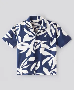 Primo Gino 100% Viscose Woven Half Sleeves Leaves Printed Drop Shoulder Resort Collar Shirt - Navy Blue