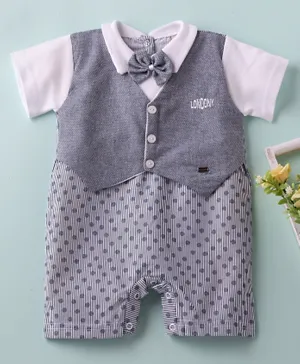Londony Half Sleeves Romper with attached waist coat and bow for little boys - Grey
