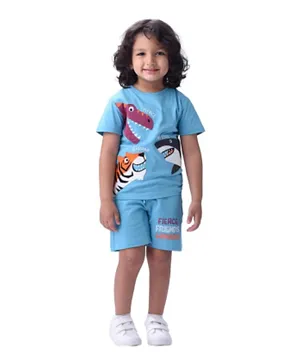 Victor and Jane Cotton Dino Shark & Tiger Graphic T-Shirt & Shorts Set - Blue