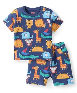 Babyhug Single Jersey Knit Half Sleeves Night Suit/Co-ord Set Animal Print - Navy Blue