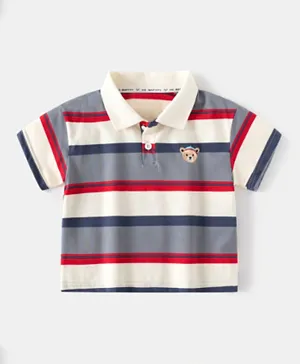 SAPS Bear Embroidered & Striped Polo T-Shirt - Multicolor