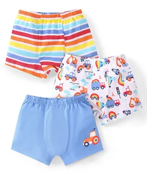 Babyhug 100% Cotton Above Knee Length Trunks Stripes & Vehicles Print Pack of 3 - Multicolor