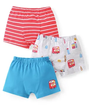 Babyhug 100% Cotton Above Knee Length Trunk Stripes & Vehicles Print Pack of 3 - Blue/Pink/Grey