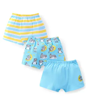 Babyhug 100% Cotton Knit Trunk with Stripes & Bear Print Pack of 3 - Blue Yellow & White