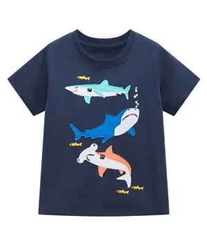 SAPS Fish Patched Short Sleeves T-Shirt - Navy Blue