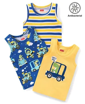Babyhug 100% Cotton Knit Sleeveless Antibacterial Vests Striped & Crocodile Print Pack of 3 - Blue & Yellow