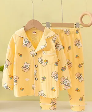 SAPS Teddy Bear All Over Print Full Sleeves Night Suit - Yellow
