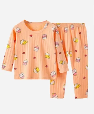 SAPS All Over Strawberry & Cat Print Cotton Pyjama Set - Orange