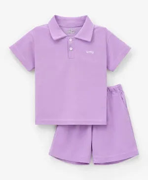 SAPS A-my Embroidered Polo T-Shirt & Shorts Co-ord Set - Purple
