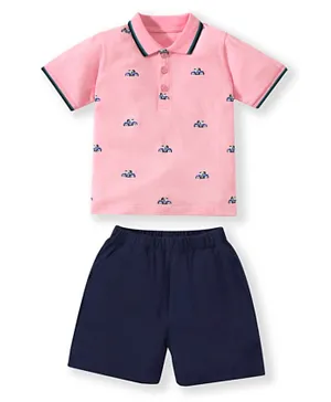SAPS Car Print Polo Shirt & Solid Shorts Set - Pink & Blue