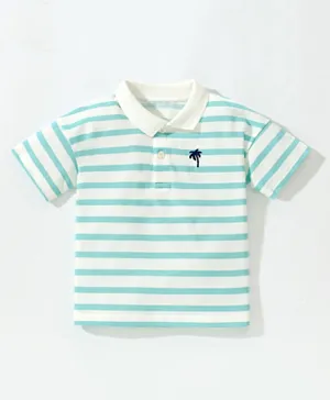SAPS Striped & Palm Tree Embroidered Polo T-shirt - White & Blue