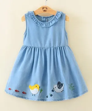SAPS Birds Patched & Embroidered Cotton Dress - Blue